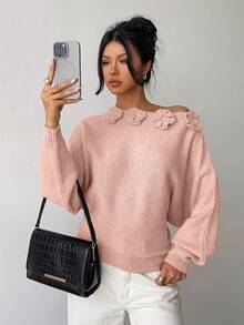 Elenzga كنزة نسائية أنيقة بتصميم أزهار وزخارف من الراين، كتف غير متماثل، لون أحادي - وردي - مشاهدة 7