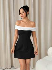 SHEIN PETITE Váy trễ vai đen trắng thắt nơ ngày lễ tình nhân, Fairycore, Tốt nghiệp, Váy tốt nghiệp cho nữ, Váy trở lại trường - Đen và trắng - Xem 3