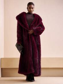 Zivah 2025秋冬新款蓬松长款优雅女士仿皮草派克大衣，渐变色，长款皮草大衣 - 酒紅色 - 查看 5