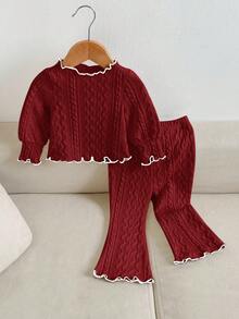 SHEIN 2 件套女婴可爱杏色荷叶边长袖上衣和松紧腰喇叭裤套装，秋冬