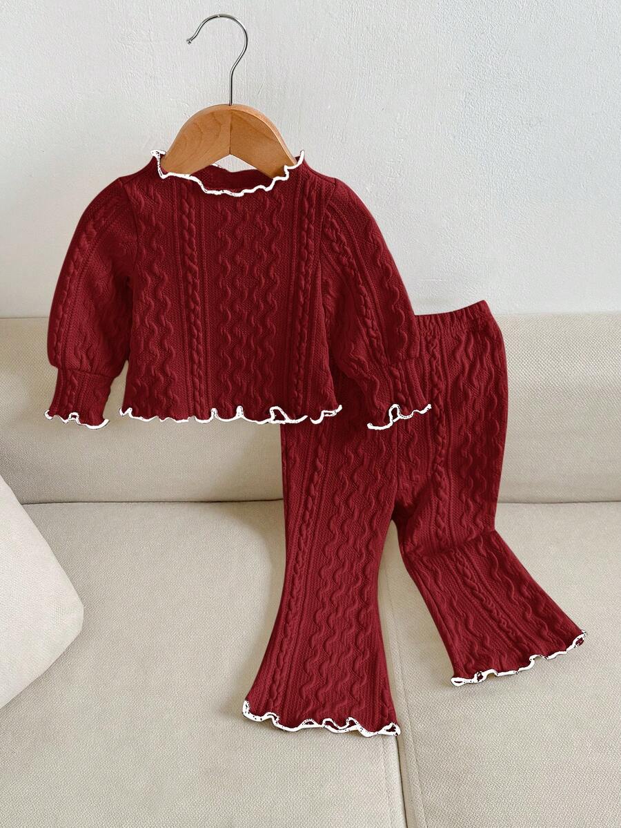 SHEIN 2 件套女婴可爱杏色荷叶边长袖上衣和松紧腰喇叭裤套装，秋冬