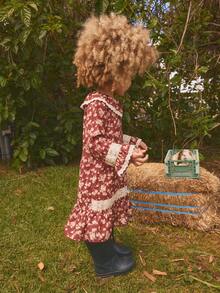 1 pieza Vestido de niña con estampado floral, corte holgado, puños acampanados, estilo vintage elegante, versátil para el otoño