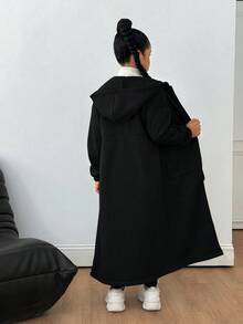 SHEIN Sparklyn 少女休闲百搭长款连帽外套，适合居家、上学、运动等多种场合，收腰设计，秋冬季款 - 黑色 - 查看 2