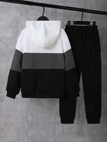 SHEIN 2pcs/Set Teenage Boys Contrast Color Casual Loose Hooded Sweatshirt Sweatshirt + Contrast Color Casual Sweatpants, Fleece, Thickened