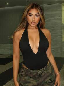 Maria Perezxox 女式深 V 露背紧身衣，弹性柔软舒适无袖休闲性感度假日常百搭小背心，春夏 - 黑色 - 查看 6