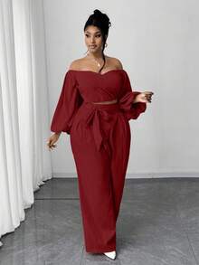 Maweii 2pcs Plus Size Casual Tie Bow Puff Sleeve Set - Red - View 4