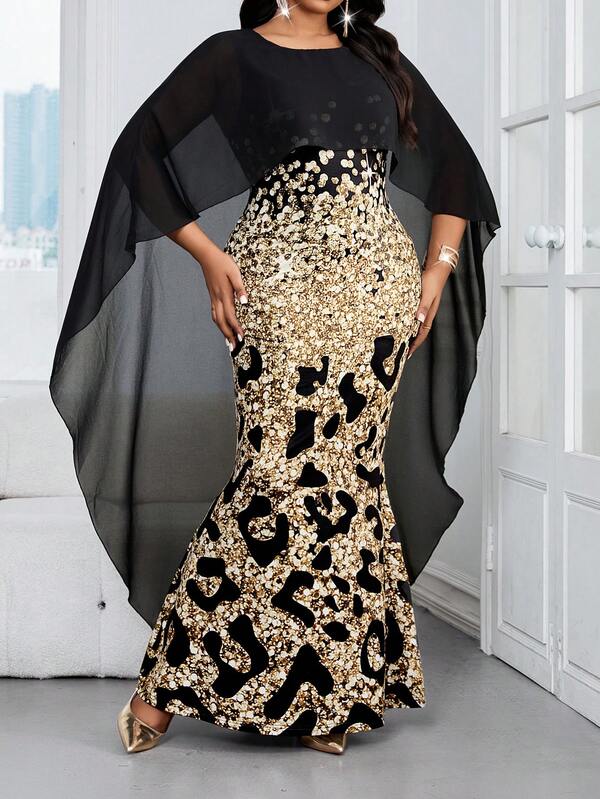 SHEIN Lady فستان نسائي فاخر مناسب للحفلات والتجمعات، مقاس كبير، مطبوع بنمط نمر، مصمم بتصميم مرقع وذيل سمكة