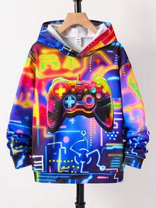 SHEIN 青少年男童休闲夜光游戏机图案简约长袖卫衣，适合秋冬季穿着 - 黑色 - 查看 3
