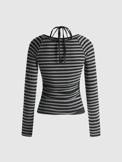 Grunge Punk Top court sexy Y2K Col V rayé Couleur contrastée Top court à lacets croisés Rivets ornés T-shirt femme à manches longues