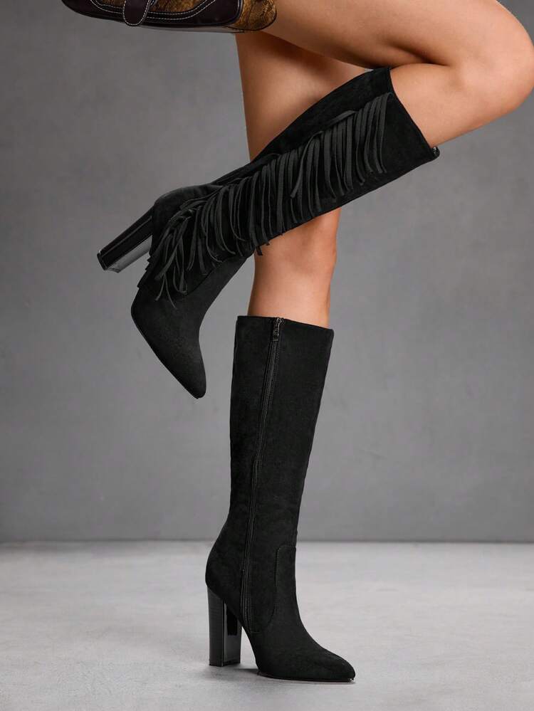 CUCCOO SZL New Fashionable Sexy Pointed Toe Fringe Black Tall Boots, Retro Western Personalized Elegant Long Boots, Autumn/Winter Slimming Versatile Comfortable Stylish Boots