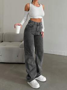 EURMUSE 100%Cotton Straight Leg Jeans Snow Wash - Dark Grey - View 3