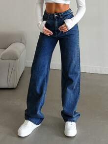 EURMUSE 100%Cotton Straight Leg Jeans Snow Wash - Royal Blue - View 7