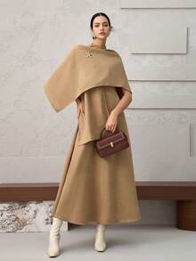 Heiryn 2 Stücke Damen Set aus einfarbigem Kleid mit Stehkragen und ärmellos mit Rüschensaum und Überwurf