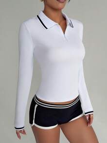 Dewbera 女士瑜伽健身户外长袖撞色 Polo 领衬衫 - 白色 - 查看 5