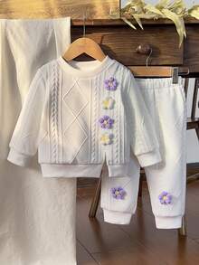 Vintaside Kids 2pcs Baby/Baby GirlCountryside Style T-Shirt And Pants Set, Comfortable For Spring/Autumn Transition, Fashionable And Cute For Daily Wear - White - View 3