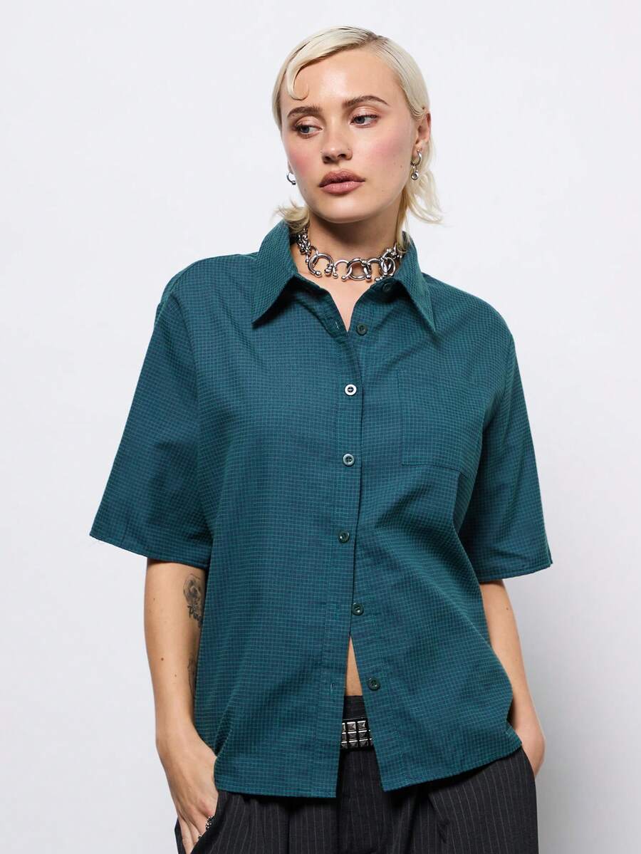 COUREZ Short Sleeve Check Shirt With Back Collegiate Applique /Y2K ...