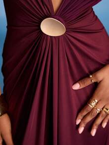 Normani 女士酒红色纯色针织露背连衣裙，金属桶形褶皱伞裙摆长款连衣裙，优雅连衣裙，适合节日、婚礼、生日、毕业季等场合，紧身连衣裙，女士秋季连衣裙，圣诞节服装，万圣节服装，约会之夜服装，婚礼宾客礼服，优雅婚礼宾客礼服，适合秋冬季节 - 酒紅色 - 查看 6