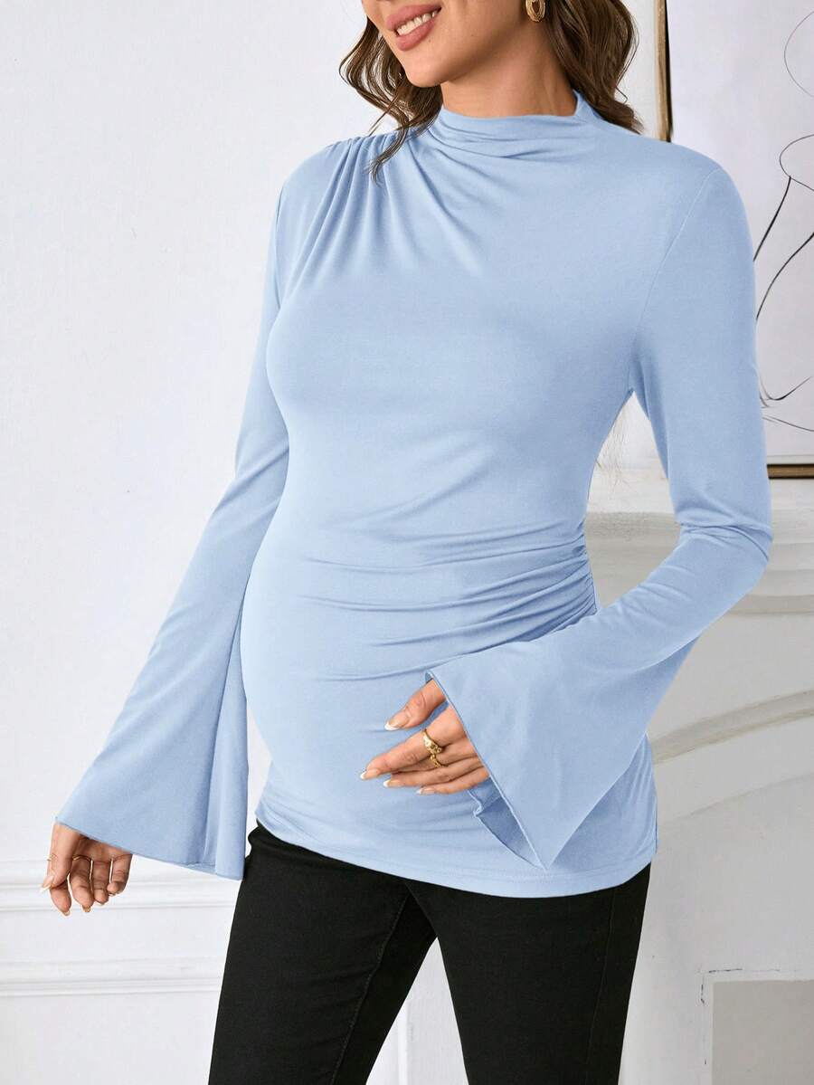 SHEIN Maternity Casual Stand Collar Bell Sleeve T-Shirt, Brown, Fitted Pregnancy Top Nursing Top Maternity Tops Baby Blue Top Women Baby Blue Tops Blue Long Sleeve Top - Baby Blue - View 1