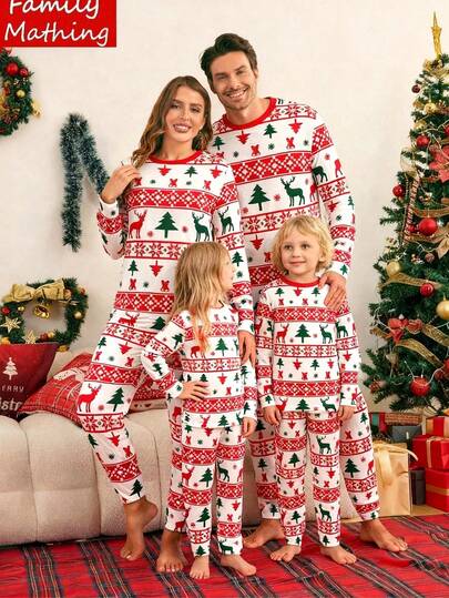 HIMLAND Matching Family Christmas Pajamas Set Long Sleeve Round Neck Deer Tree Print Sleepwear Matching Pajama Set Christmas Dandys World Christmas Pajamas Family Nightmare Before Christmas Christmas Print Pajamas Reindeer Christmas Pajama Set Family Matching Outfits