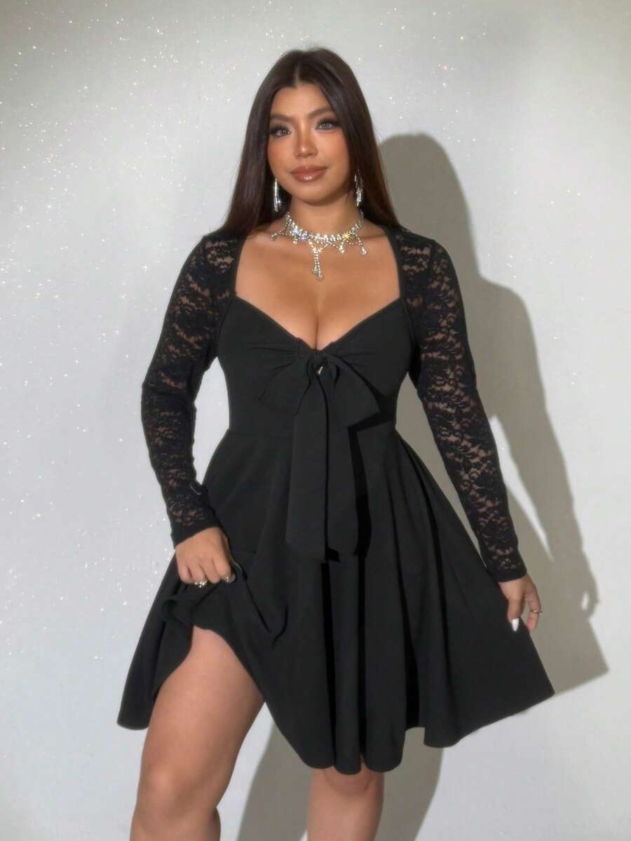 Viva Relle Plus Size Women Elegant Sexy Lace Patchwork Tie-Up Design Long Sleeve Dress, Suitable For Autumn, Elegant Dresses For Women,Valentine's Day - Black - View 1