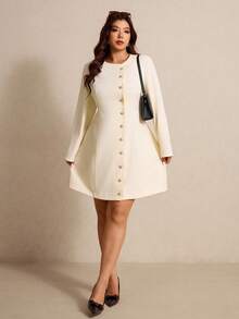Elaquor Plus Size Solid Color Metal Buckle Decor Round Neck Long Sleeve Dress
