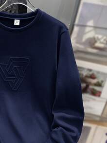 SHEIN Tween Boy Casual Loose Comfortable Versatile Solid Color Embossed Pattern Crew Neck Sweatshirt, Suitable For School And Outdoor Sports,Thanksgiving,Christmas,Winter,Winter Clothes,Cozy Fall & Winter Styles, Navy Blue Sweatshirt, Long Sleeve Sweatshirt - Navy Blue - View 3