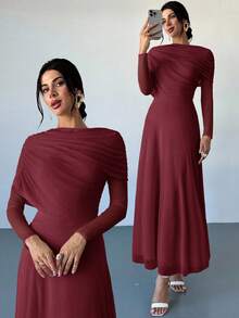 Firerie Elegante vestido maxi ajustado con cuello drapeado, volantes asimétricos en la cintura y color amarillo sólido romántico para mujeres - Burdeos - Ver 1