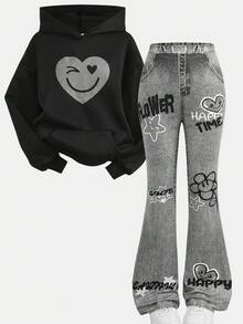 SHEIN Girlism 2pcs/Set Teen Girls Casual Street Style Heart & Face Graffiti Print Loose Fit Hoodie Sweatshirt And Flare Pants, Suitable For Autumn/Winter, Suitable For Home, Outings, Street Photography