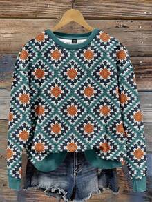 Mellowie 休闲简约菱形针织几何印花圆领宽松女式运动衫，适合秋冬季 - 彩色 - 查看 5