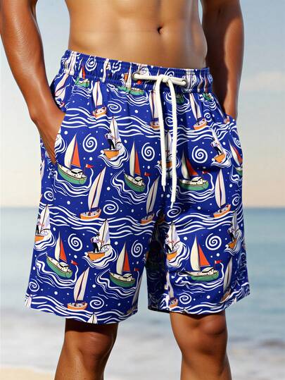 Manfinity Swimmode 男士休闲宽松带口袋抽绳腰沙滩短裤 男士泳裤 趣味男士泳裤 配套泳裤 男士配套泳裤 男士配套泳裤 男士泳裤套装 帆船泳裤 蓝色泳裤 男士帆船泳裤 男士泳裤 帆船印花 粉蓝帆船泳裤 男士沙滩装 宝蓝色泳裤