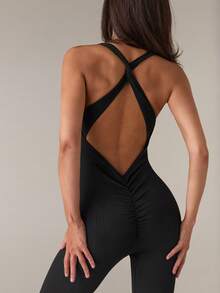 SHEIN BAE Women's Fashionable Sporty Cross-Design Backless Bodycon Jumpsuit Airport Outfit Full Bodycon Jumpsuit Airport Outfit Gym Women Outfit - Black - View 5