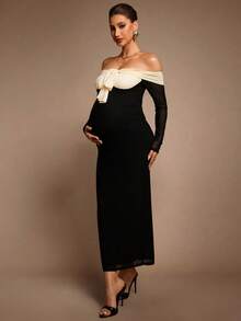 MaterniChic Vestido de maternidad elegante para fiesta con bloques de color y hombros descubiertos