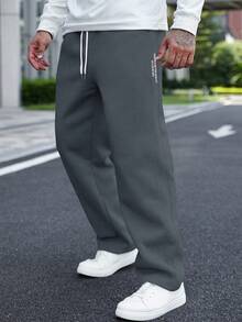 Manfinity Homme 男士字母印花抽绳腰口袋宽松休闲运动裤 - 深灰色 - 查看 4