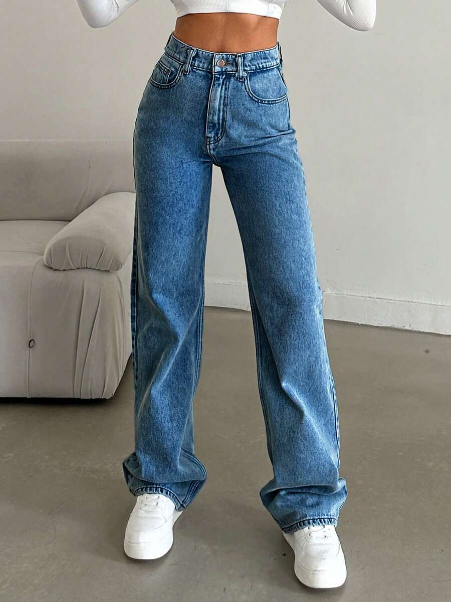 EURMUSE 100%纯棉直筒牛仔裤 雪花洗 - 中等水洗藍 - 查看 1