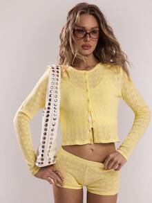 SHEIN BAE 2 Pieces Set,Women's Casual Pale Yellow Cute Lounge Knit Top And Low Waist Shorts,Autumn Fall Clothes For Women,Solid Color Fashion Sweaters Cardigans - Yellow - View 7