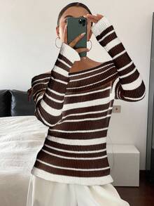 DAZY Women's Elegant Contrast Striped Off Shoulder Long Sleeve Fitted Sweater, Autumn/Winter - Brown - View 3