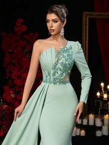 Glamrae Elegant Dark Green Textured Knit Dress,Handmade Sequin Applique Embellishments,One-Shoulder Puffy Long-Sleeved Fishtail Skirt With Train Evening Gown - Green - View 5