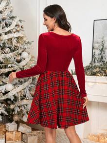 Ellevyn New Year Clothes,Plus Size Women Red Plaid Patchwork Velvet Twist Knot Short Dress Fall/Winter Christmas New Year Thanksgiving Party Elegant