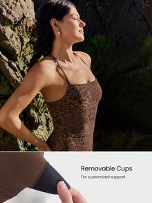 GLOWMODE FeatherFit™ Leopard T-Neck Racerback Tank Top Light Support Low Impact Yoga Studio  Spring Summer - Multicolor - View 2