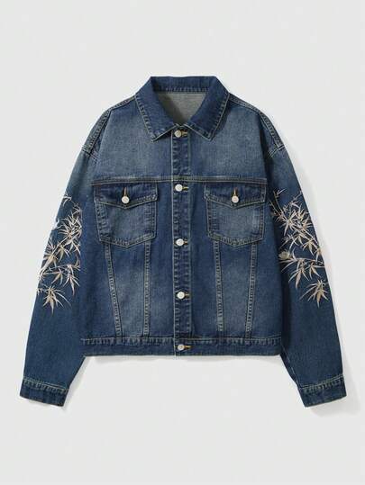 Street Life Giacca di jeans casual monopetto a maniche lunghe con ricamo floreale per uomo