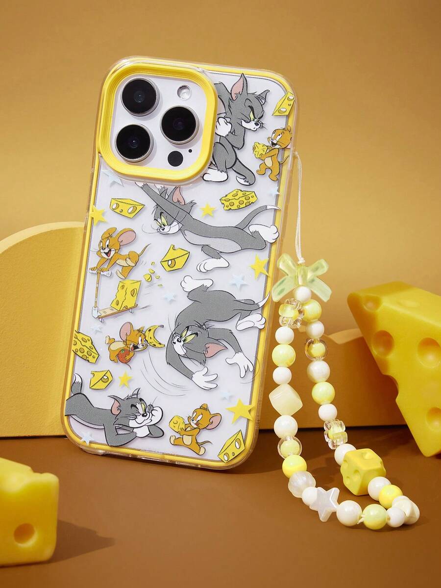 TOM & JERRY X SHEIN 趣味印花保护套设计时尚手机壳，二合一双面手机壳，带手机挂件，适用于