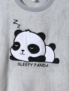 Girls Plush Panda Embroidered Sweatshirt & Leopard Print Plush Thick Comfortable Long Pants Pajama Set - Multicolor - View 5