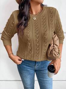 EMERY ROSE Suéter plus size casual de inverno elegante com estampa floral de malha e gola redonda, adequado como camada de base ou agasalho para trabalho, compras, férias, festas, festivais de música, uso em casa, eventos de volta às aulas e como presente. - Caqui - Ver 4