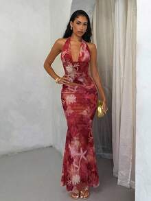 Glamine Vacay Vibes Floral Beach Graphic Print Women's 2pcs Summer Vacation Set, Halter Neck Tied Crop Top And Asymmetrical Ruffle Hem Skirt, Coral, Pink, Ocean Elements, Random Floral Prints Fall Women Clothes Back To School