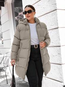 EURMUSE Plus Size Casual Solid Color Hooded Jacket, Versatile For Winter - Grey - View 1