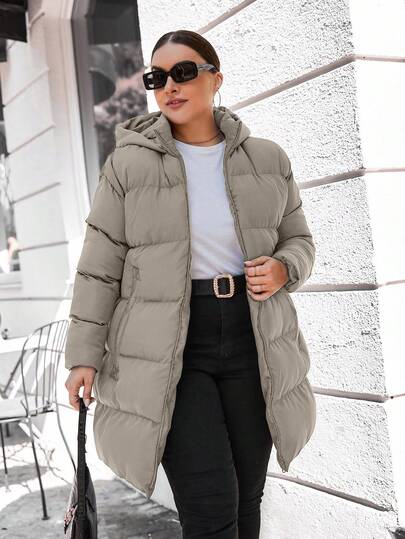 EURMUSE Plus Size Casual Solid Color Hooded Jacket, Versatile For Winter