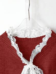 Franclia Cardigan lavorato a maglia con lacci, stile loose, ispirato alle fashion blogger, stile europeo chic - Rosso - Visualizzare 3