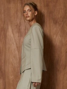 MUSERA Low V-Neck Structured Padded Shoulder Cinched Waist Blazer Only Cute Date Night Going Out Autumn Fall Night Out Work Clean Cut Winter Party Spring - Grey - View 3