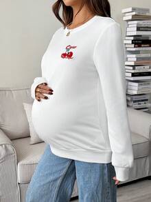 SHEIN Maternity Cherry Embroidery Crew Neck Long Sleeve Sweatshirt Cute Long Sleeve Top Women Long Sleeve Top Pregnancy Shirts Maternity Clothes T Shirts Breastfeeding Shirt