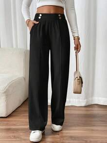 SHEIN Frenchy 1pc Women's Straight Leg Double-Buckle Elegant Office Wear Pants Winter Black Casual Spring